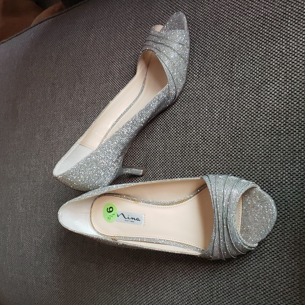 Nina Silver Sparkly Peep Toe Kitten Heels